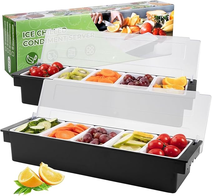 Fruit, Veggie & Condiment Caddy with Lid Dispenser Tray Garnish Station for Bartending & Serving Taco (2, 5 Compartment)