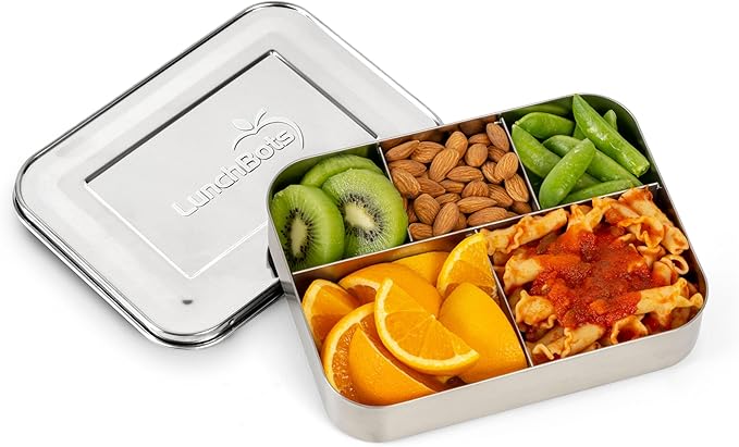 LunchBots Large Cinco Stainless Steel Lunch Container - Five Section Design Holds a Variety of Foods - Metal Bento Box - Dishwasher Safe - Stainless Lid
