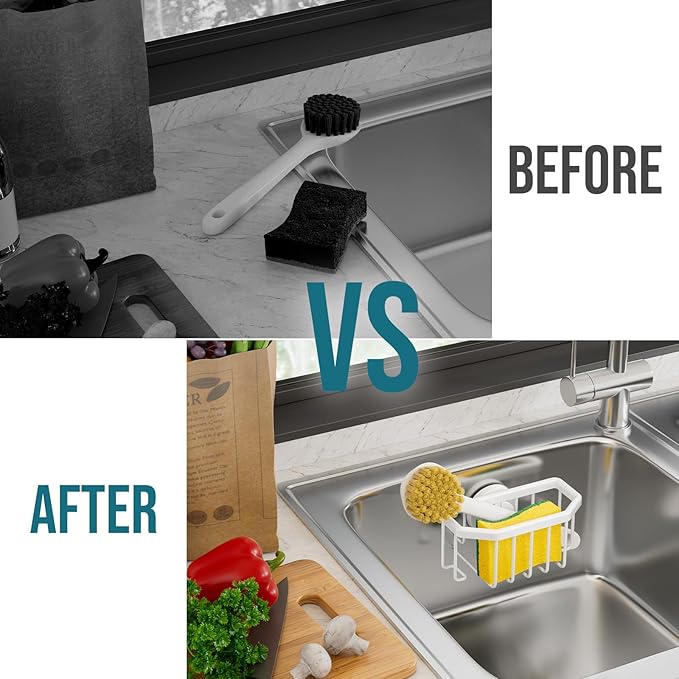 TAILI Sponge Holder for Kitchen Sink with Strong Suction Cup Removable, Rustproof Aluminum Sink Caddy for Sponge, Brush, Scrubber, Scraper White