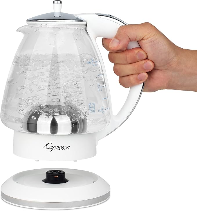 Capresso H2O Glass Kettle, 240.02, White and polished chrome, 48 ounces