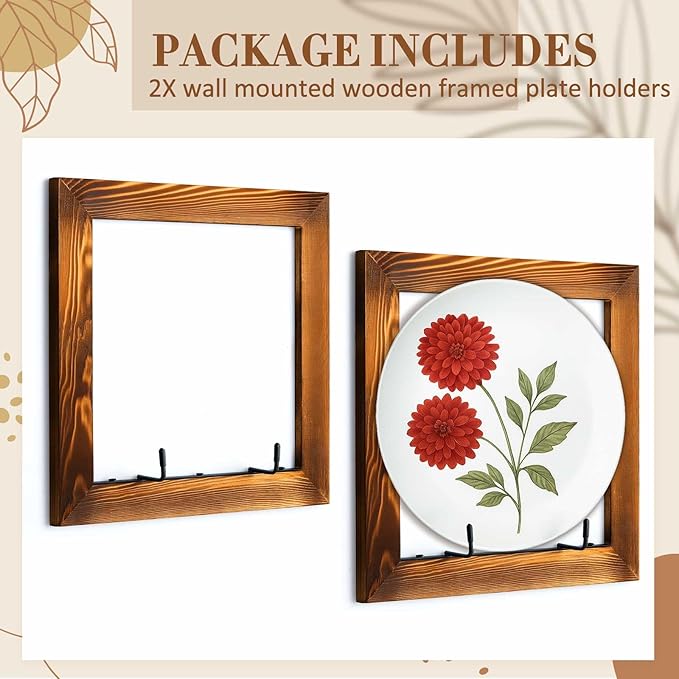 2 Set Plate Hangers, Wall Mounted Wooden Plate Display Holders, Rustic Burnt Solid Wood Frame with Black Metal Hooks for 8 to 11 Inch Plates, Platters & Dishes for Home & Kitchen Decoration
