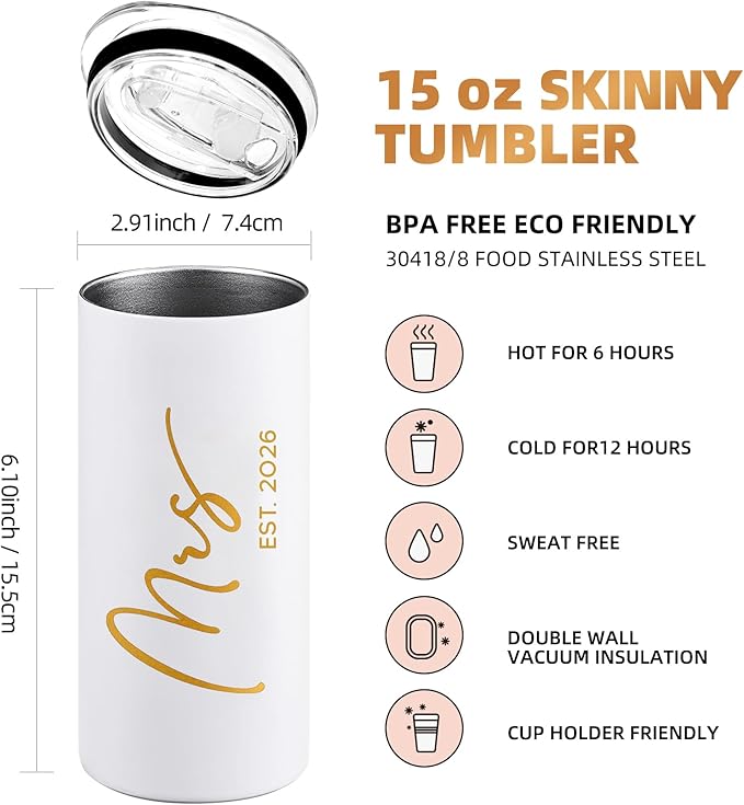 Future Mrs Gifts 2026 Bridal Shower Gifts for Bride Mrs Cup for Wedding Engagement Bachelorette Party Honeymoon Stainless Steel Skinny Tumbler with Lid and Straw 15 OZ