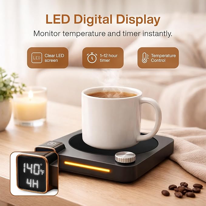 Coffee Mug Warmer for Desk, 40W Electric Cup Warmer with Digital Display, 9 Temp Settings, 1–12H Timer & Auto On/Off, LED Display Candle & Beverage Warmer Plate.