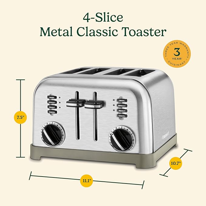 Cuisinart 4 Slice Compact Stainless Steel Toaster with Extra-Wide Slots for Bread, French Toast, Bagels & Pastries, Defrost & Reheat Functions, CPT-180P1, Brushed Stainless, Removable Crumb Tray