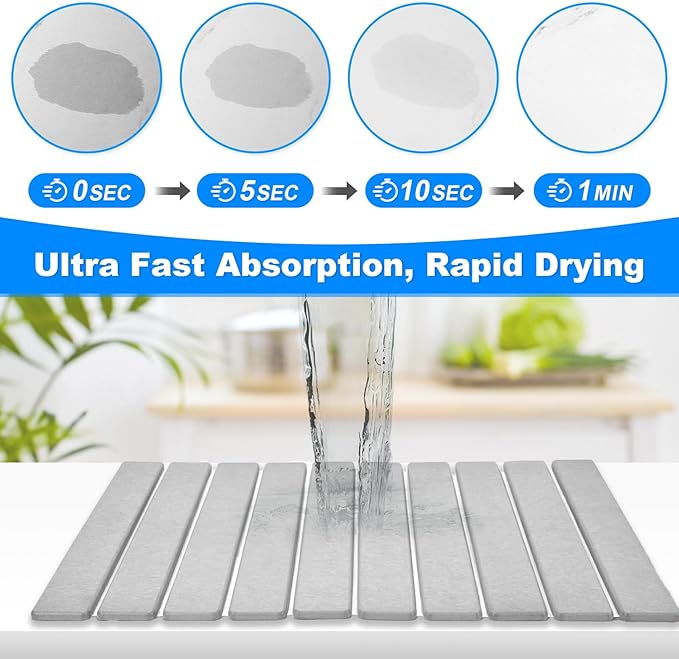 Large Stone Dish Drying Mats for Kitchen Counter, 24"(L)×16"(W) Quick Dry Collapsible Dish Drying Mat, Eco-Friendly Absorbent Diatomaceous Earth Mats for Dishes Bottles Cups, Match Any Countertop