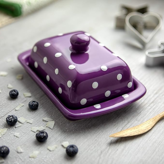 City to Cottage Large Butter Dish with Lid for Countertop, Ceramic Butter Keeper, Butter Container with Knob Handle, Butter Holder Tray with Cover, Handcrafted Purple Polka Dot Butter Dish