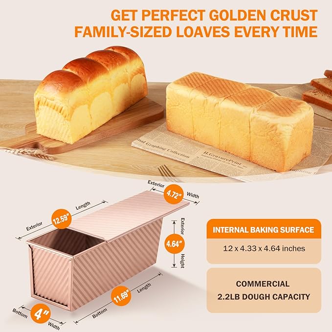 Pullman Loaf Pan with Lid, 13x4 inch, Premium 2.2LB Nonstick Sandwich Bread Loaf Pan for Homemade Sourdough Bread, Heavy Duty Carbon Steel Corrugated Toast Box with Cover for Baking, Bakeware