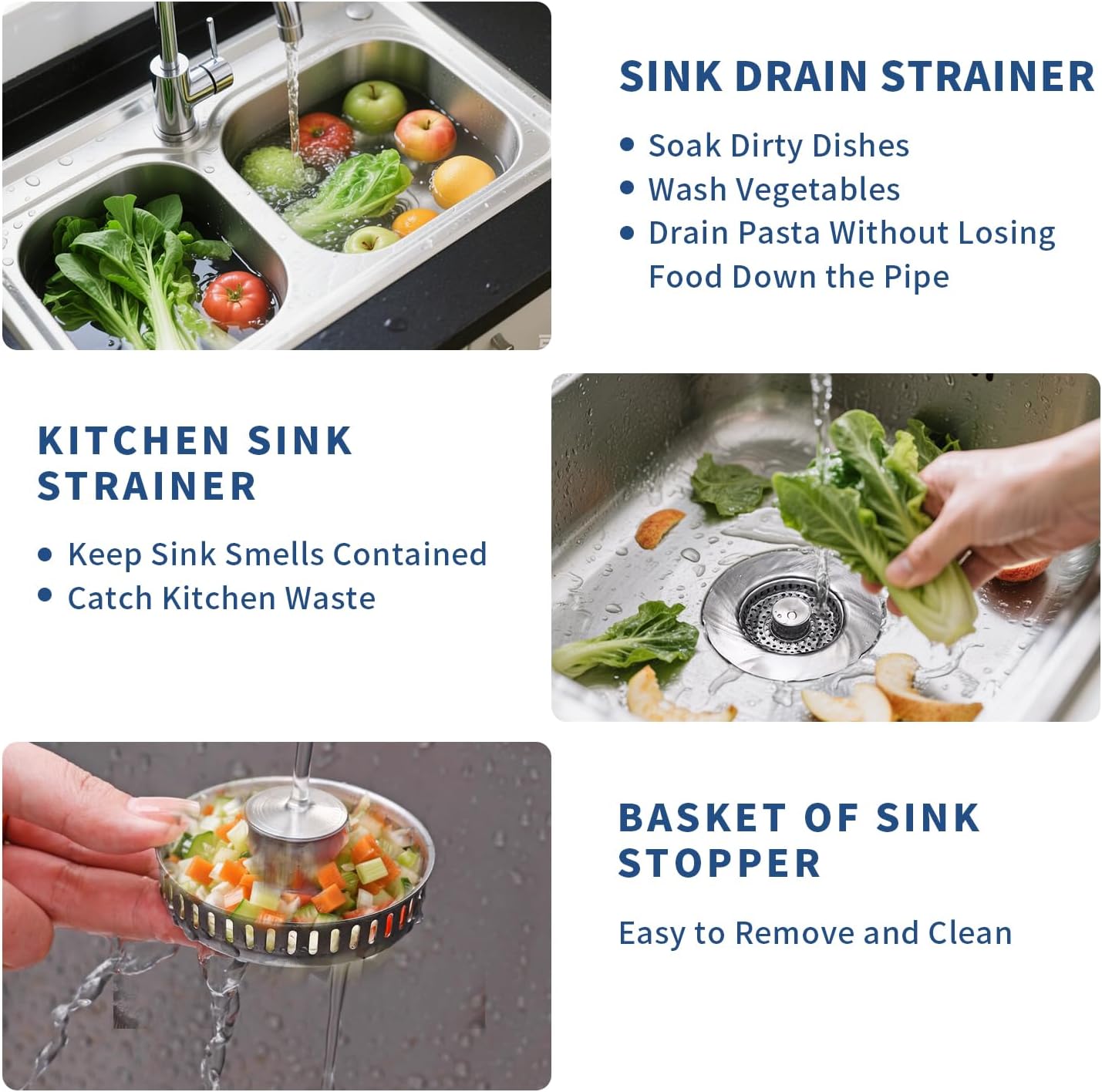 3-in-1 Kitchen Sink Drain Strainer - Pop Up Sink Stopper, Stainless Steel Sink Drain Strainer, Kitchen Sink Stopper & Drain Plug with Anti-Clogging Basket,Sink Strainer Fits US Standard 3-1/2'' Drains