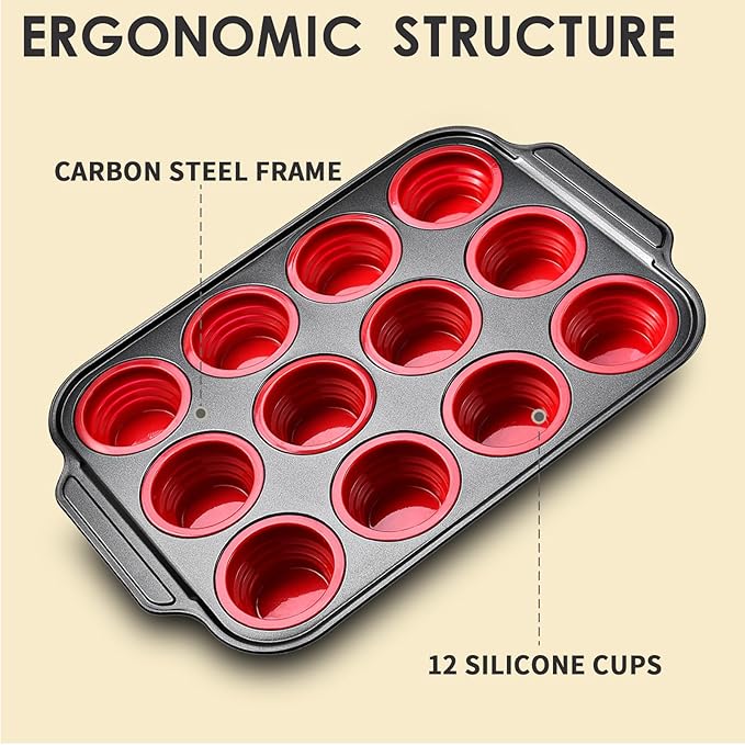 Silicone Muffin Pan, 2024 New Metal Frame Muffin Tin Egg Bites Cupcake Pan, Silicone Mini Muffin Pans for Baking Nonstick 12, Oven and Dishwasher Safe Silicone Molds, Red