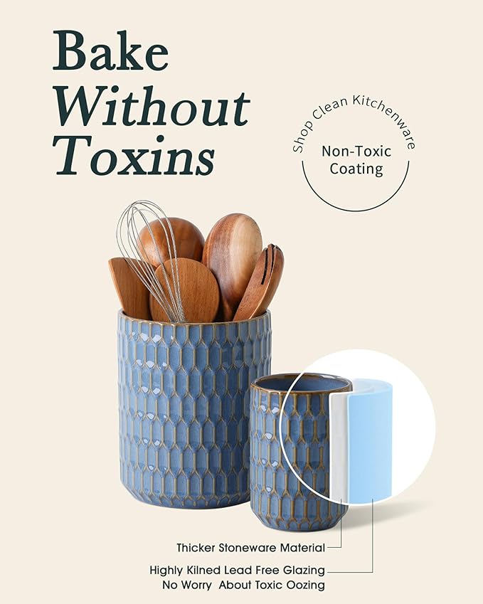 Utensil Holder, 7.5"+5.3" Ceramic Kitchen Utensil Holder for Countertop, Large Cooking Utensil Crock for Kitchen Counter, Set of 2, Blue