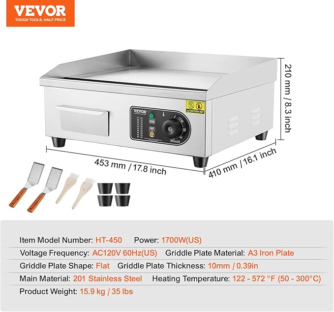 VEVOR Commercial Electric Griddle, 1700W Countertop Flat Top Grill, 18in Stainless Steel Griddle Grill with 2 Shovels and 2 Brushes for Home or Restaurant, 122℉-572 ℉ Adjustable Temp