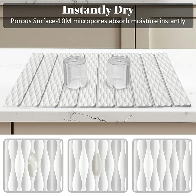 Large Stone Dish Drying Mats for Kitchen Counter, 24"×16" Wave-Pattern, Fast Drying Collapsible Dish Drying Mat, Eco-Friendly Absorbent Diatomaceous Earth Mats for Dishes Bottles, Match Countertop