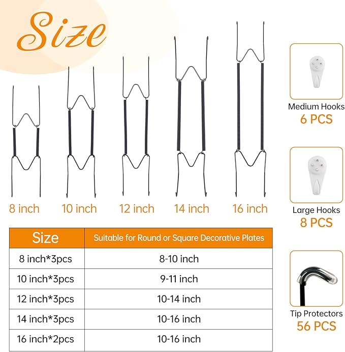 Bilillo 14 Pcs Plate Hangers for Wall - 8/10/12/14/16 Inch Invisible Plates Hanger, Stainless Steel Plate Holders with 14 Pieces Wall Hooks for 7.5 to 19.5 Inch Decorative Plates and Arts (Black)
