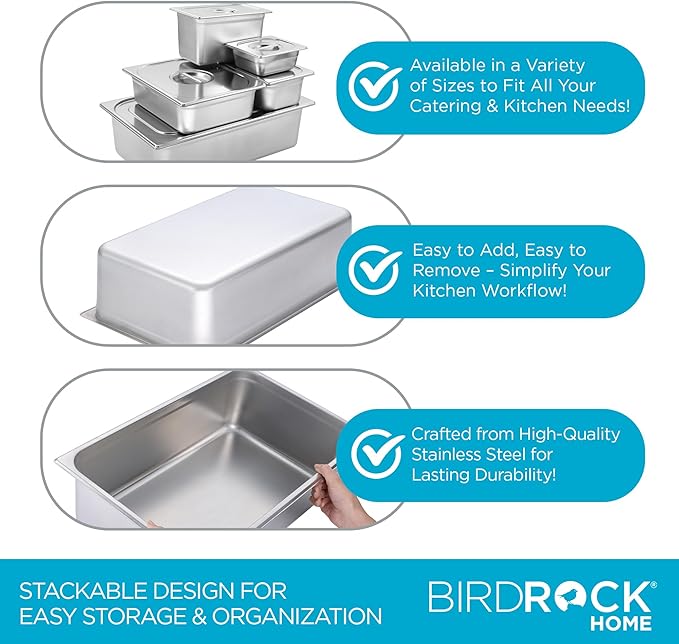 BIRDROCK HOME Stainless Steel Steam Table Pan - Hotel, Restaurant & Catering Supplies - 24 Gauge Steel, 21.3 qt Capacity - Meal Prep, Cooking, & Food Storage Container - 6" Depth, Full-Size (6 Pack)