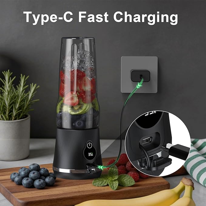 Portable Blender for Smoothies and Shakes, 17oz Personal Blender with 6 Stainless Steel Blades, USB-C Rechargeable, LED Display, BPA Free, Compact Travel Cup with Extra Lid for Gym, Office & On-the-Go