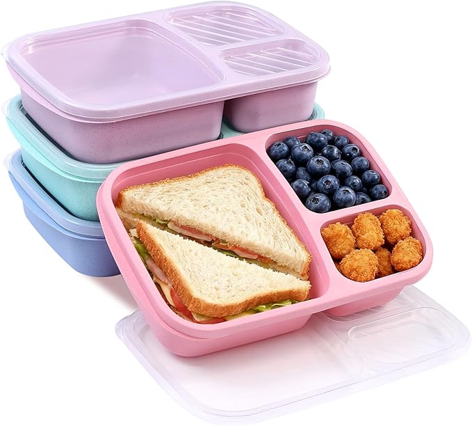 4 Pack Adult Lunch Box Set, Reusable 3-compartment food containers, Microwave and Dishwasher Safe (4 light color)