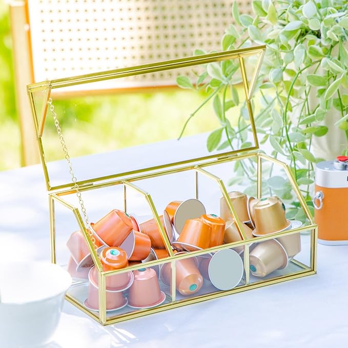 NCYP Glass Tea Bags Organizer with Lid, Small 3 Slots Teabag Storage Box, Indoor Counter Teabag Display Case, Kitchen Cabinet Gold Decor, 8.7 x 3.6 x 3.66 Inches (Glass Box Only)