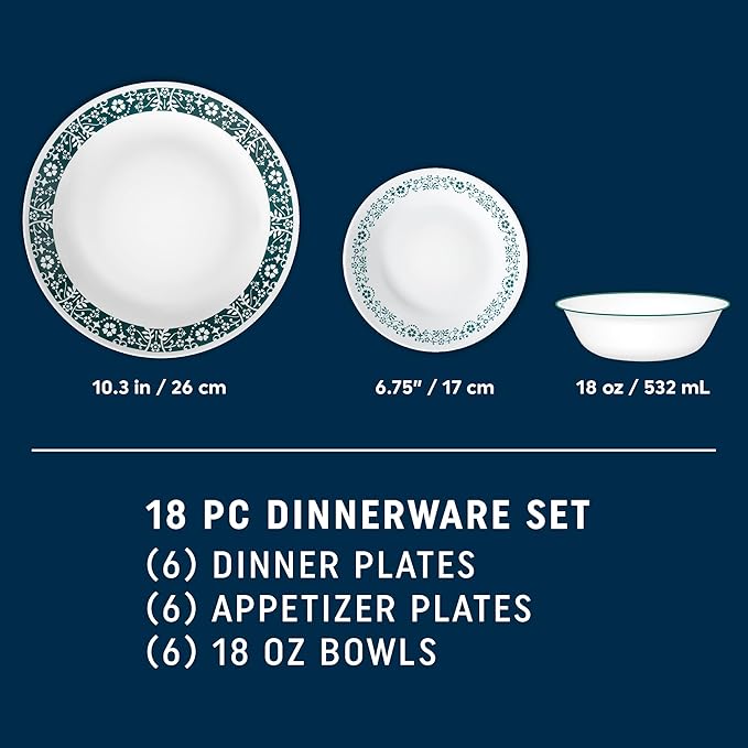 Corelle Vitrelle 18 Piece Glass Dinnerware Sets Service for 6, Triple Layer Chip & Crack Resistant Glass Plate and Bowl Sets, Penelope