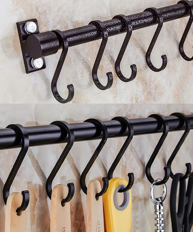 WONMILLE Gourmet Kitchen Utensil Rack with 6 Hooks, Wall Mounted Rail Wrought Iron Hanging Utensil Holder Rack with Removable S Hooks 16 Inch (Black-6 Hooks)