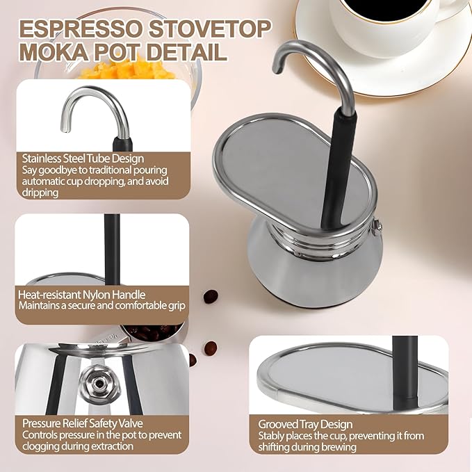 Uncoated 1 Cup Single Tube Moka Pot 304 Thickened Stainless Steel Mini Coffee Maker Stovetop Espresso Coffeemaker Italian Classic Style Brewing Greca Cafe Mocha for Camping Travel Home 90ml
