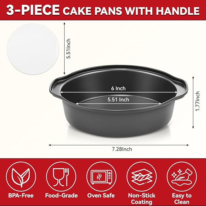 6 Inch Cake Pans - 3PCS Carbon Steel Cake Pan with 200 Parchment Papers, Round Cake Pans with Handle, Nonstick & Non-Toxic, Easy Demolding & Dishwasher Safe