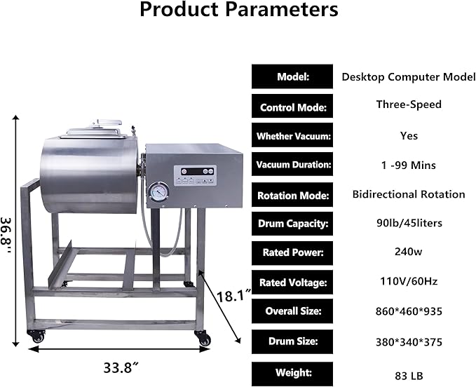 Hakka Commercial Meat Tumbler 90lb/45 liters - Vacuum Curing Machine for Jerky, Sausage, Bacon & More - Stainless Steel Food-Grade Tumbling Marinator w/Bidirectional Rotation & Speed Control