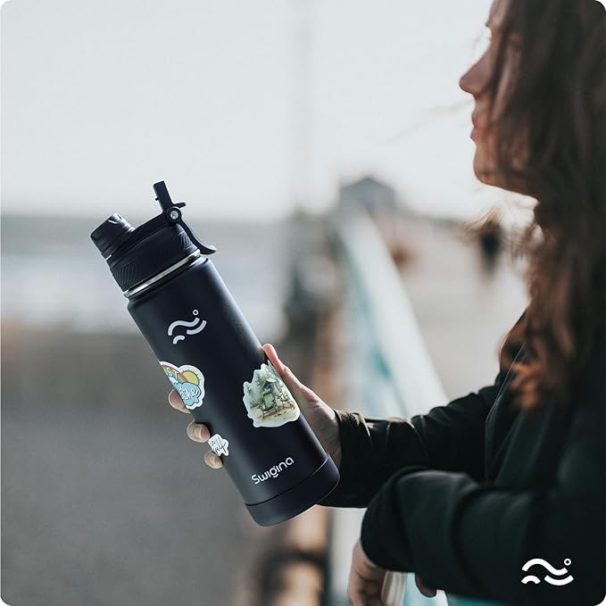 Swigina [2-IN-1 LID] Insulated Water Bottle with Silicone Boot (36hrs Cold/18hrs Hot) - DIY Stickers, Leakproof, BPA Free, Black, 24 oz