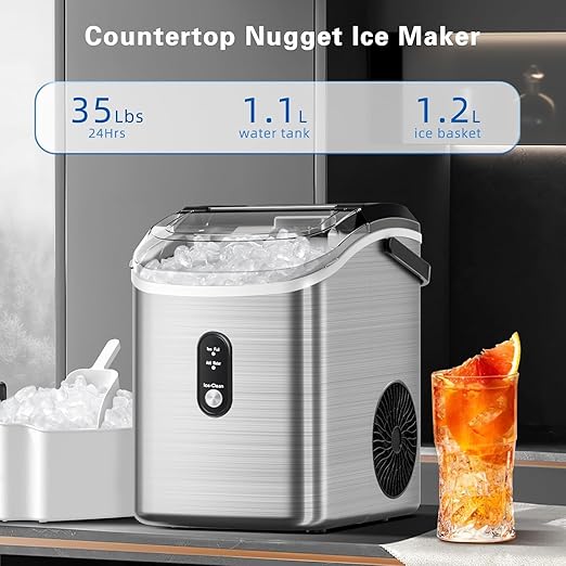 Antarctic Star Nugget Ice Maker Countertop with Handle, Stainless Steel, 35Lbs/24Hrs,7 Mins Ice Making, Pellet Ice Maker with Ice Basket/Ice Scoop for Home/Bar/Party/Office