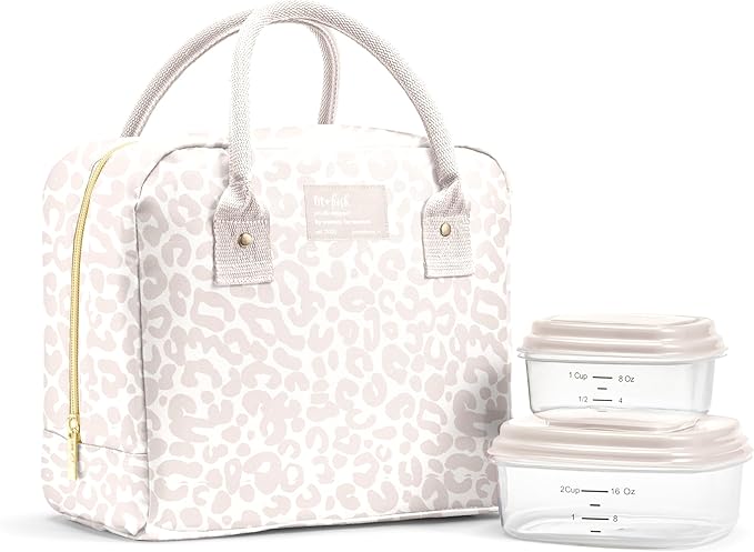 Fit & Fresh Bloomington Lunch Bag for Women - Insulated Large Lunch Box for Work with Containers, Leak-Resistant, Stain-Resistant, Zipper Closure, Feline Fine Ivory
