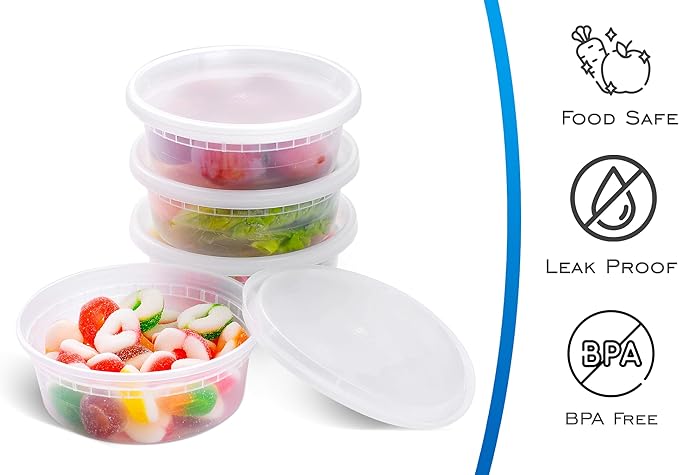 EDI [8 OZ, 25 Sets] Plastic Deli Food Storage Containers with Airtight Lids | Microwave-, Freezer-, Dishwasher-Safe | BPA Free | Heavy-Duty | Meal Prep | Leakproof | Recyclable