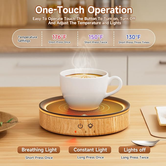 36W Mug Warmer, 3 Temperature Settings, Auto Shut Off (2-12H), Max 176°F, Wood Grain Design with Ambient Light,Ideal Gift for Home & Office (Wood Grain)