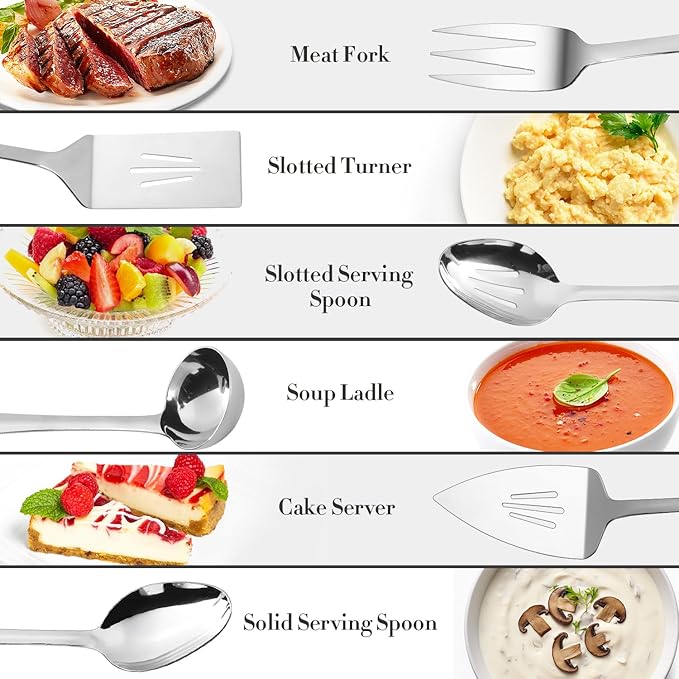 Serving Utensils Set, Stainless Steel Serving Utensils 6 PCS, Durable Heavy Duty Serving Ladle, Solid Serving Spoon, Slotted Serving Spoon, Slotted Turner, Cake Server, Serving Fork