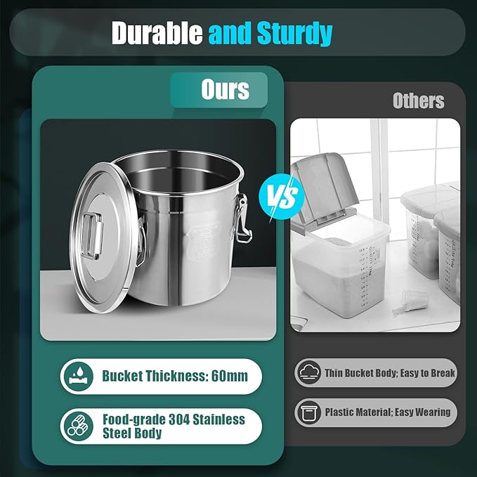 304 Stainless Steel Airtight Canister for Kitchen, 3.2Gal/405oz Flour Container with Lids and Sturdy Locking Clamp, Metal Bucket Food Storage Containers for Rice Flour Coffee Bean Tea