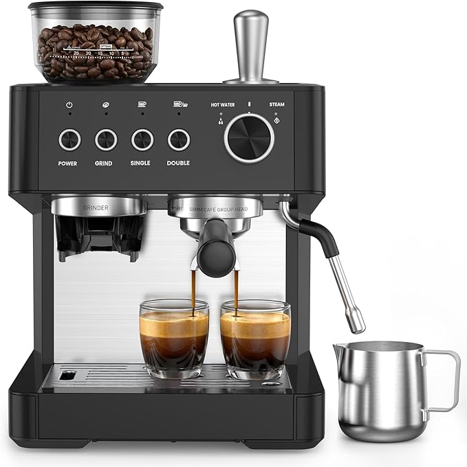 (2026 Upgrade) Espresso Machine with Grinder, Expresso Coffee Machines with Built-in Anti-Clog Coffee Grinder/Milk Steam Wand/Frother, Expresso Machines for Home Perfect Cappuccino & Latte-Matte Black