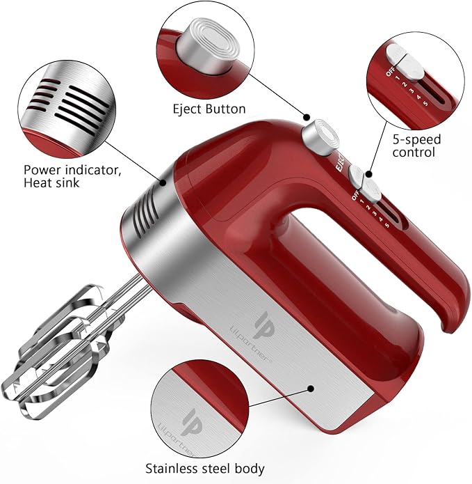 Hand Mixer Electric, 450W Kitchen Mixers with Scale Cup Storage Case, Turbo Boost/Self-Control Speed + 5 Speed + Eject Button + 5 Stainless Steel Accessories, For Easy Whipping Dough, Cream, Red
