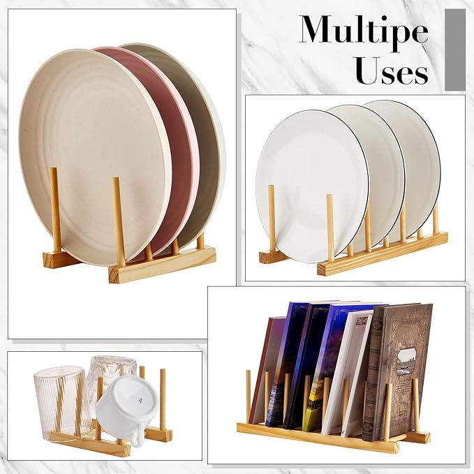 Zopeal 9 Pcs Bamboo Wooden Plate Racks Dish Rack Stand Holder 3/6/ 7 Slots Drainboard Drying Drainer Kitchen Cabinet Organizer for Dish Plate Bowl Cup Pot Lid Book