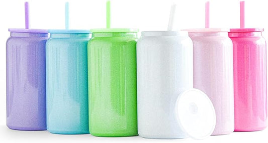 6 Pack Glass Cups with Lids and Straws Unbreakable 16 oz Stainless Steel Can Cup Double Wall Insulated Beer Can Tumbler for Iced Coffee, Juice, Soda, Iridescent-Colored