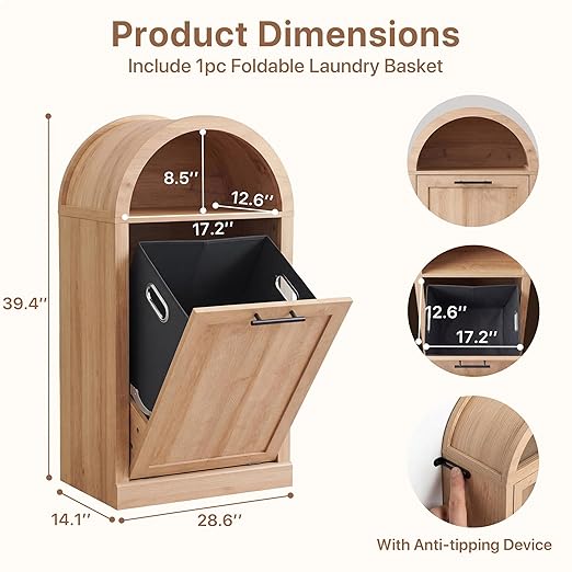 Seang Arched Tilt-Out Trash Can Cabinet,Laundry Hamper Cabinet with Foldable Laundry Basket,Wooden Hidden Garbage Can Cabinets with Metal Handle & Hooks,Natural