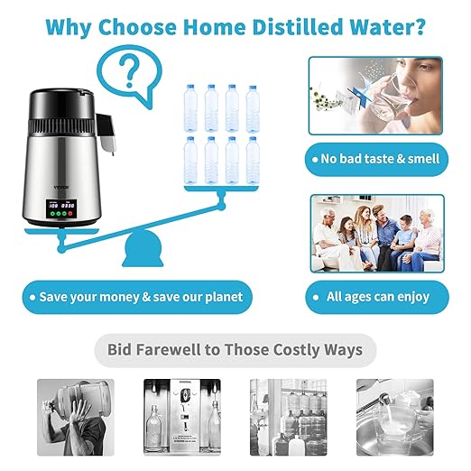 VEVOR 1.1 Gal Water Distiller, 0.3 Gal/H, Distilled Water Maker Machine 750W 0-99H Timing Set Temp Display, 304 Stainless Steel Countertop Distiller Glass Carafe Cleaning Powder 3 Carbon Packs, Silver
