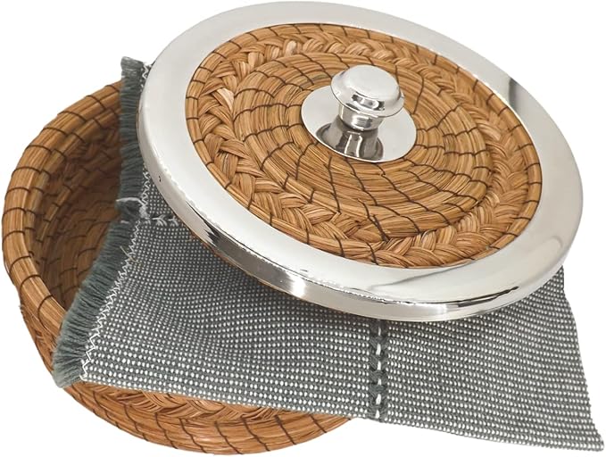 Authentic Mexican Tortilla Warmer Basket - Pine Needle Handwoven with Handloomed Cloth (7" Metal Rim w cloth)