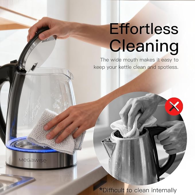 MEGAWISE 1.8L Healthy Electric Kettle, 1800W Borosilicate Glass Tea Kettle with Food Grade Material, Auto Shut-Off and Boil-Dry Protection Cordless Kettle Fast Boiling, BPA Free
