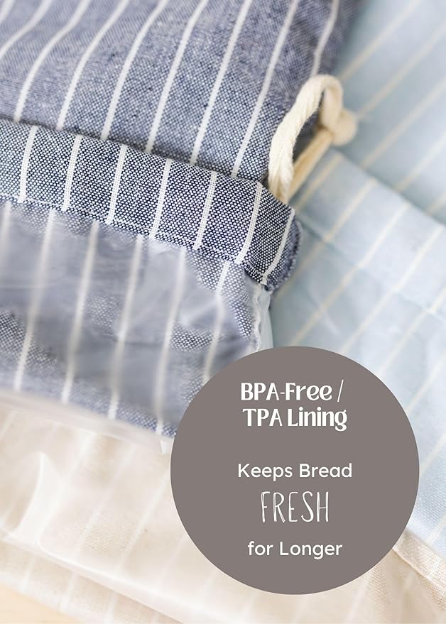 Reusable Bread Bags with Drawstring | XL Pack of 3 | Eco-Friendly Washable Linen Bread Bag & Spacious Sourdough Bread Storage | Bread Bags Reusable Keeps Your Loaf Fresh | Strips Design