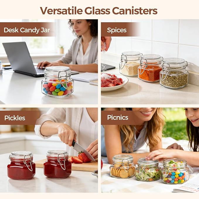 ComSaf Set of 6 Square Glass Jars with Airtight Wire Clamp Lids (17 Oz), Wide Mouth Pantry Canisters for Overnight Oats, Jam, Pickling, Spice Storage, Gifts
