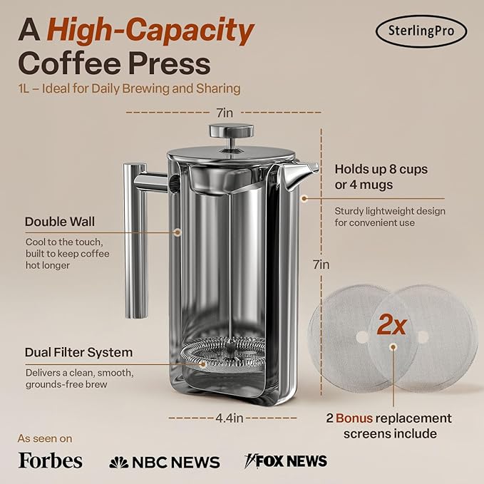 SterlingPro Stainless Steel French Press Coffee Maker 1 L (34 oz) Mirror – Double Walled Insulated Large Coffee Press, Durable Design Keeps Drinks Hot, Easy to Use and Clean for Rich Flavor Brewing
