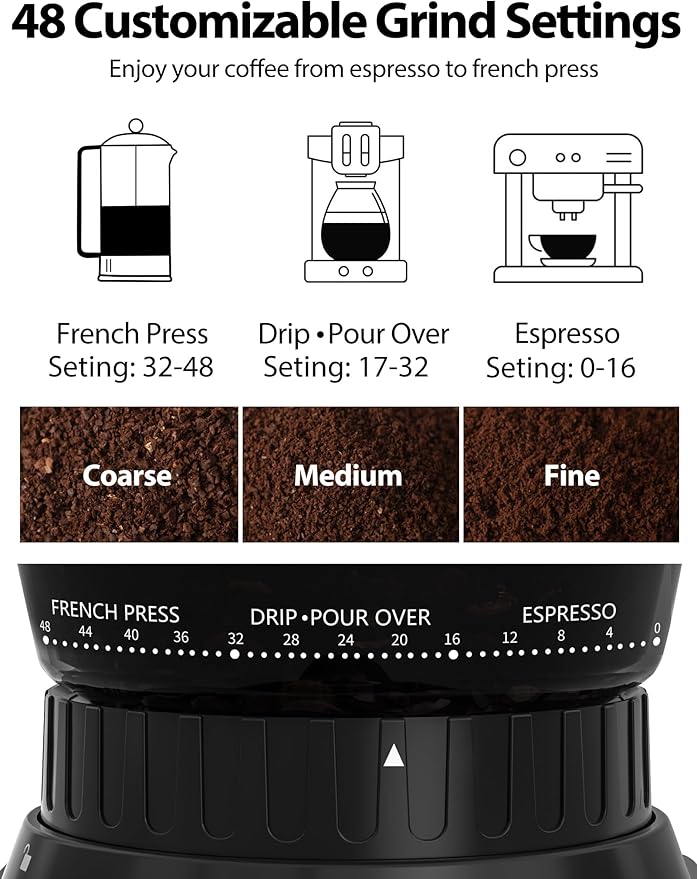 Aromaster Burr Coffee Grinder with 48 Gind Settings, Conical Coffee Bean Grinder for Home Use,Stainless Steel,40 Seconds Adjustable Timer,Anti-static,Easy to Clean with Brush