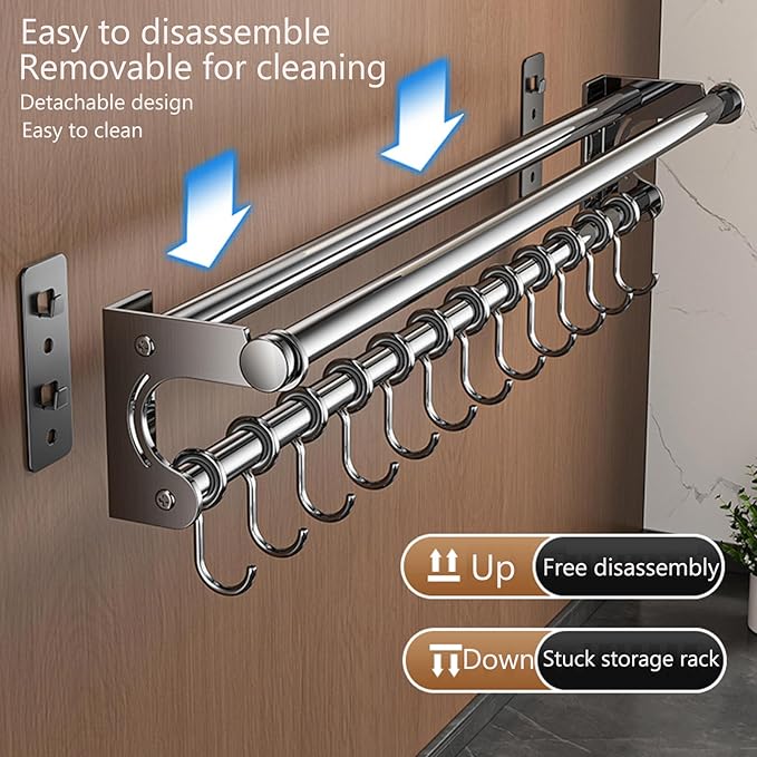 Hanging Wall Mount knife Wall Mount, Space-Saving Knife Rack with Hooks, Kitchen Organizer Storage Shelf for Utensils Spatula Spoon, Kitchen Utensil Hanger (Black, 40CM+8Hooks)