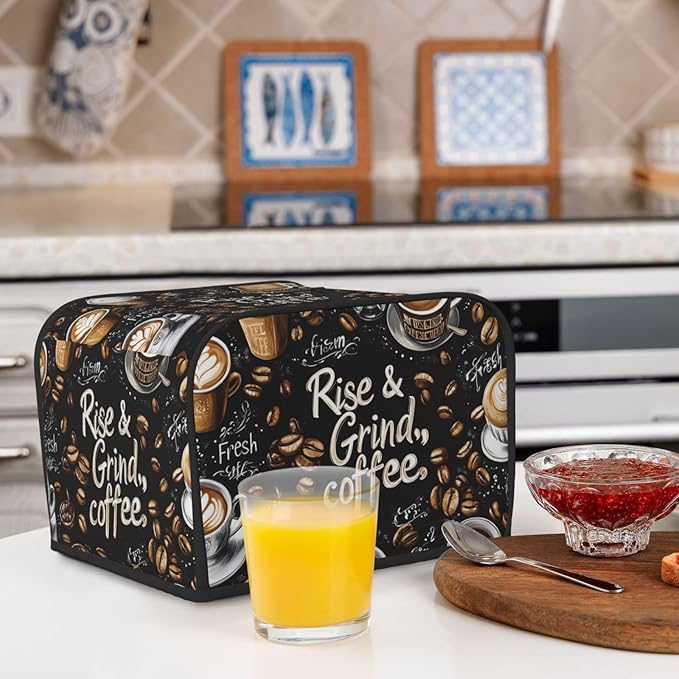 Coffee Theme Covers for Toasters 4 Slice,Cute Funny Bread Machine Cover with Handle,Washable Stain Resistant Kitchen Small Appliance Cover Dining Decor