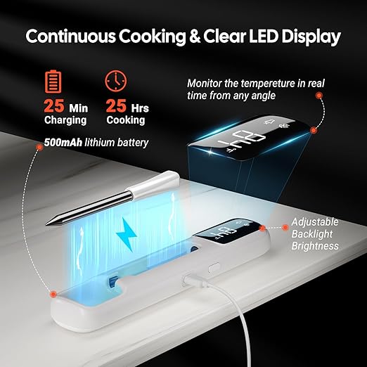Wireless Meat Thermometer Digital with Clear White LED Display,1000ft Bluetooth 5.4 Meat Thermometer, 4 inches Short Smart Food Thermometer Probe for BBQ, Grill, Rotisserie