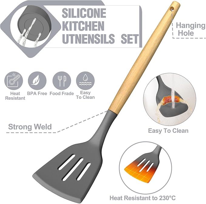 Umite Chef Silicone Kitchen Utensil Set, 34PCS Heat Resistant Kitchen Gadgets and Tools With Grater, Wood Handles for Nonstick Cookware (Dark Gray)