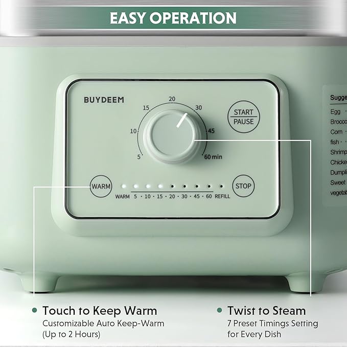 BUYDEEM G52 10.6 Quart 2-Tier Electric Food Steamer for 4-8 Servings, Vegetable Steamer for Cooking, 2-hour Keep Warm, 7 Preset Timings, Dual Boil-Dry Protection, Stainless Steel, Cozy Greenish